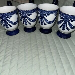Fancy Handle‎ Pedestal Bombay Co blue and white Coffee/Tea Cups/ Mugs (4)